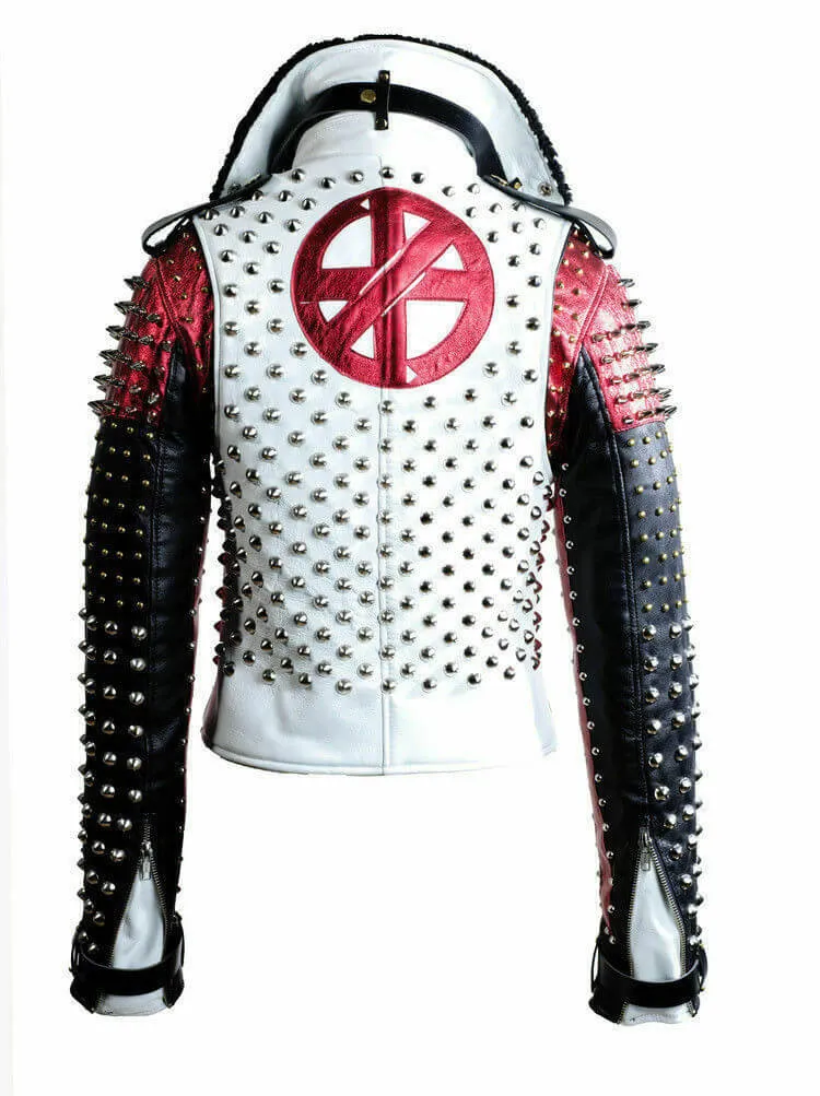 Men's Handmade Victor Luna White Black Studded Rock Punk Genuine Leather Jacket