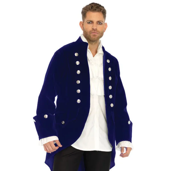 Men's Long Blue Velvet Military Coat - Leg Avenue