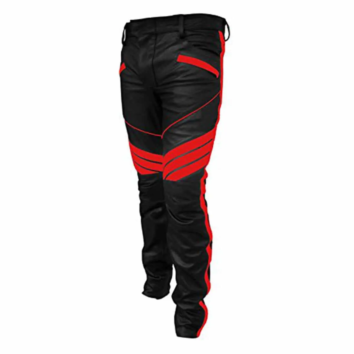 mens motorcycle bikers black with red stripes leather pants jeans trouser - j5-red