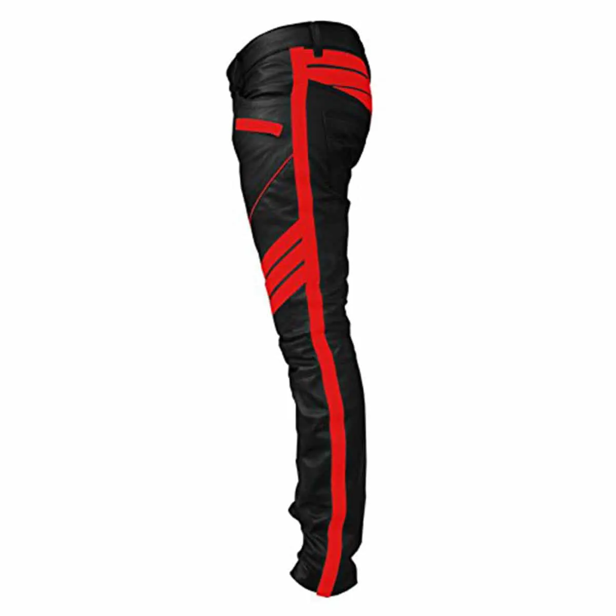 mens motorcycle bikers black with red stripes leather pants jeans trouser - j5-red