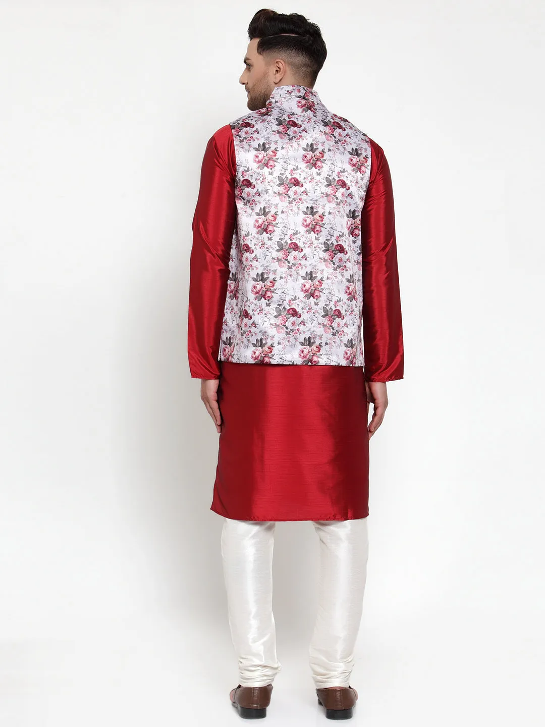 Men's Solid Dupion Kurta Pajama with Printed Nehru Jacket ( JOKPWC M-D 4014Silver ) - Virat Fashions