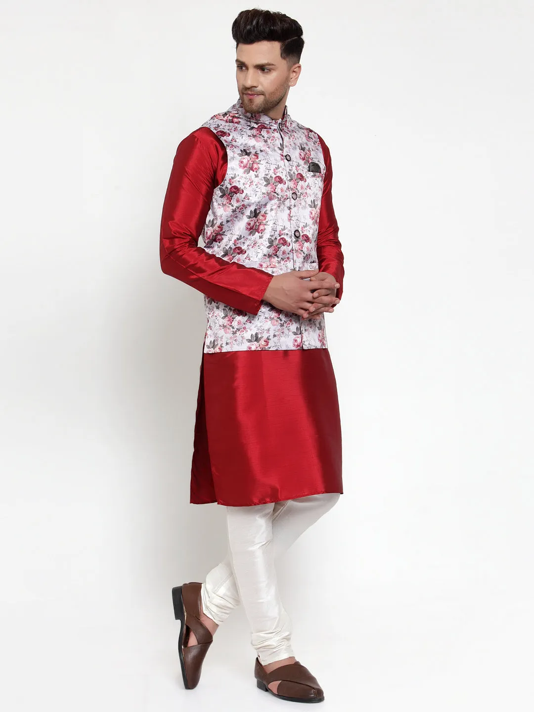 Men's Solid Dupion Kurta Pajama with Printed Nehru Jacket ( JOKPWC M-D 4014Silver ) - Virat Fashions