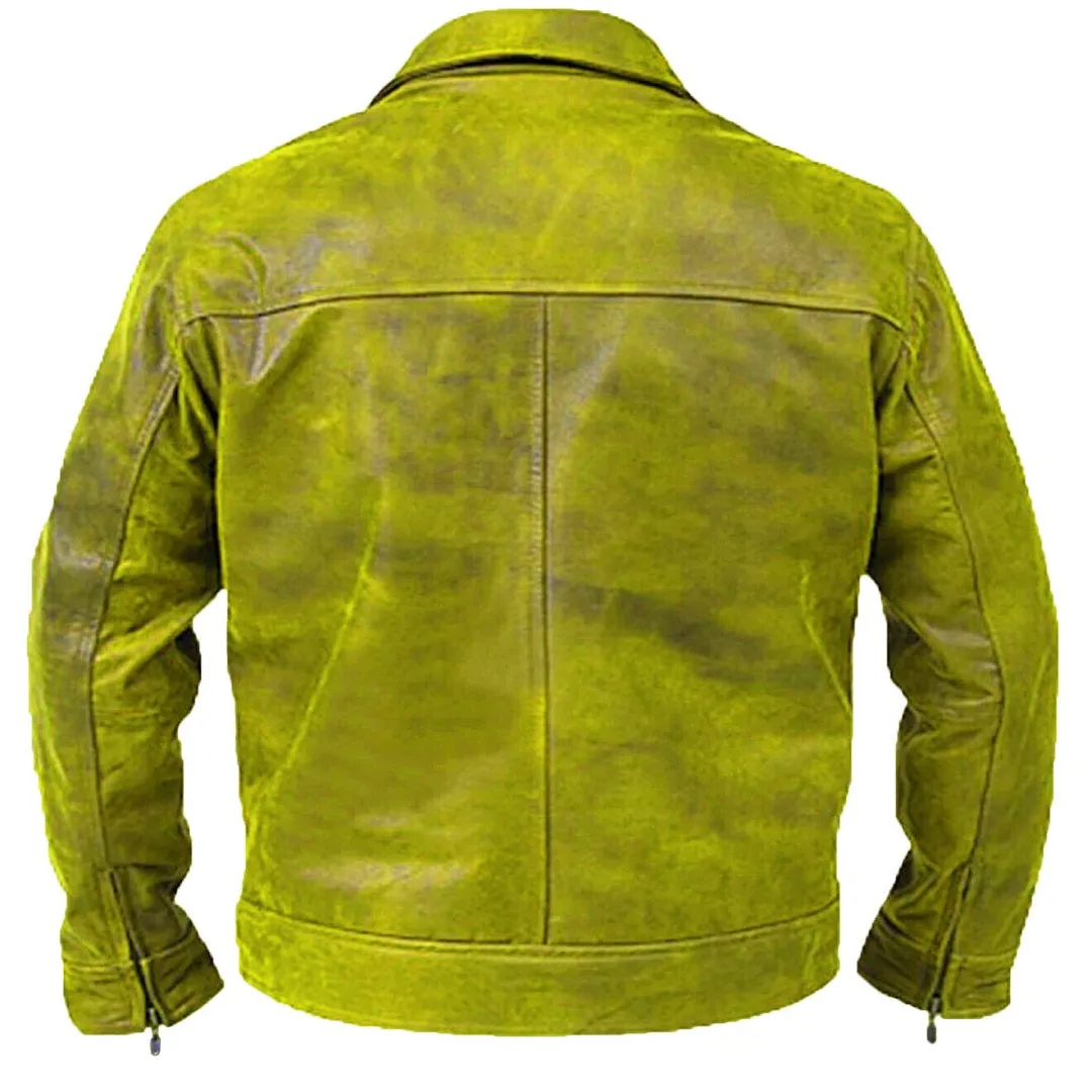 Mens Yellow Real Vintage Distressed Biker Cafe Racer Leather Jacket