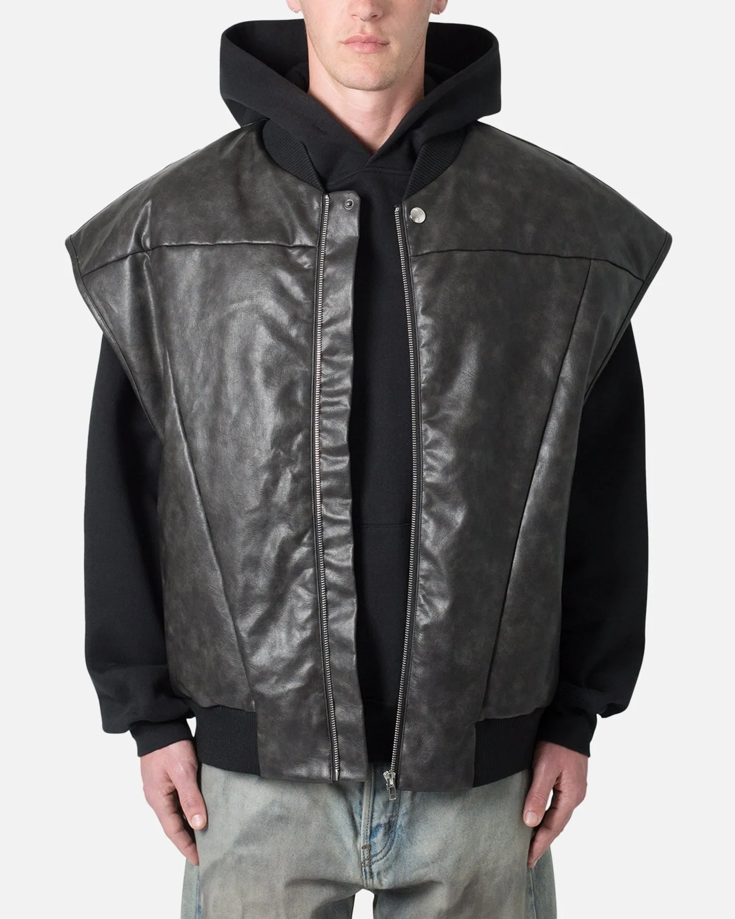 MNML Leather Bomber Vest Black