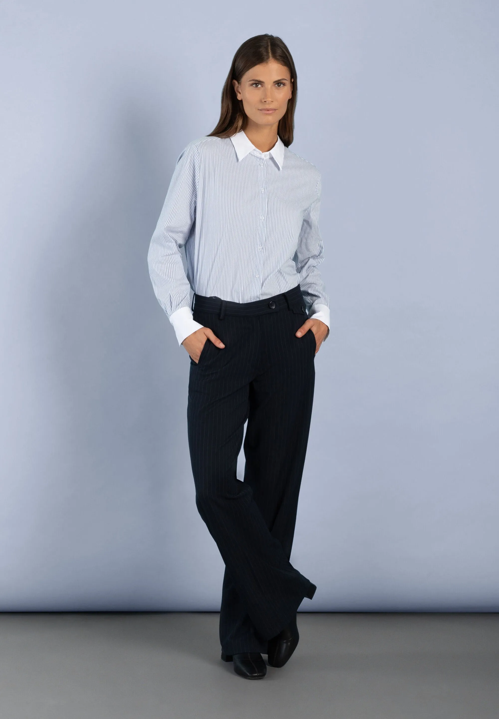 More & More Wide Leg Pinstripe Trousers Navy