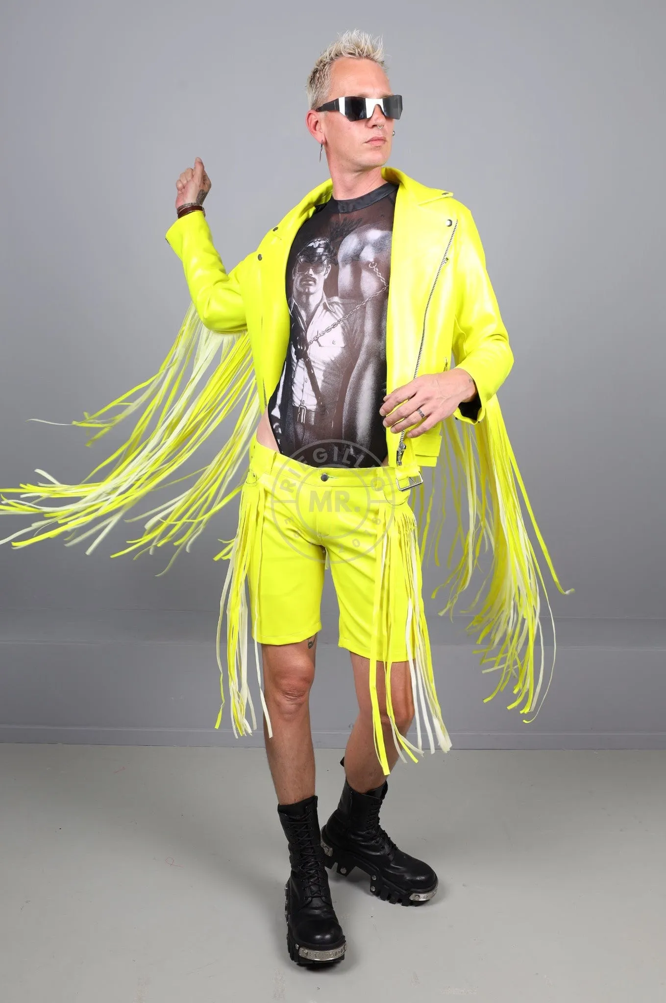 MR. Fringe Biker Jacket - Neon Yellow