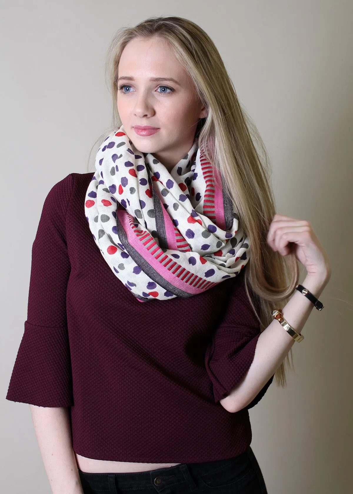 Multi-Color Polka Stripe Border Infinity Scarf