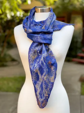 Navy Blue Felted Wool Scarf with Silk, Women Felted Scarf, Textured Evening Wrap, Nuno Felted Scarf