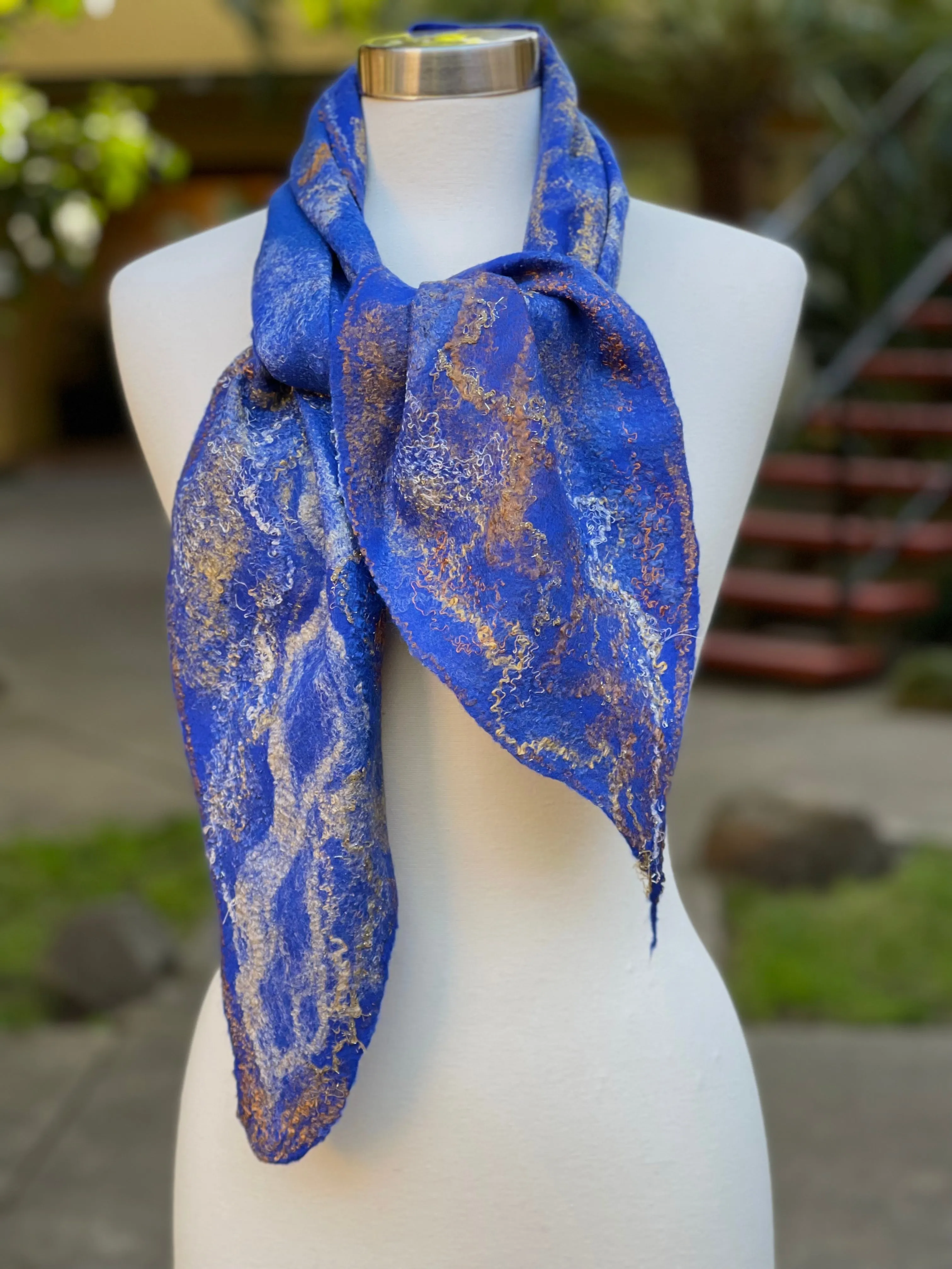 Navy Blue Felted Wool Scarf with Silk, Women Felted Scarf, Textured Evening Wrap, Nuno Felted Scarf