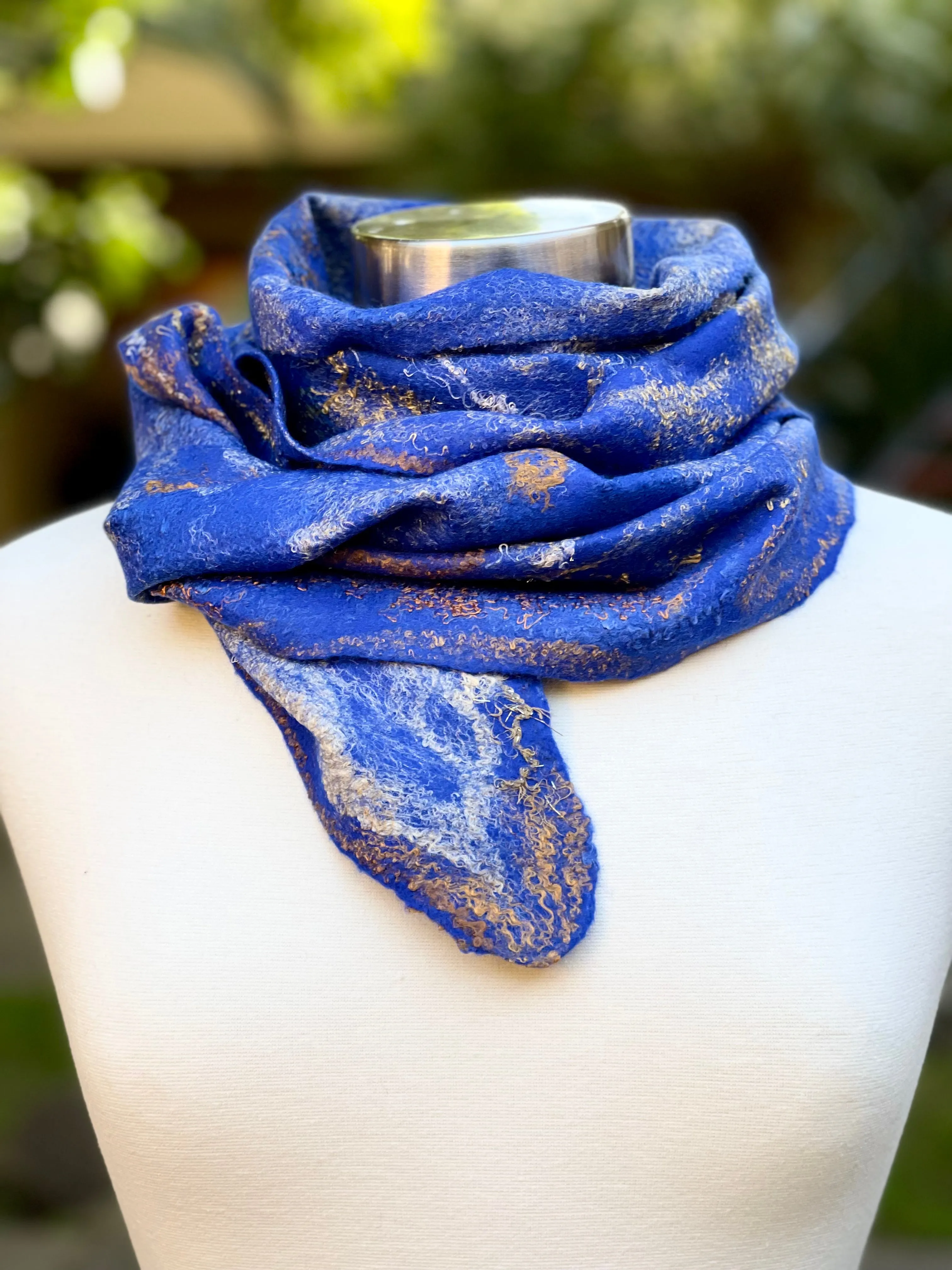 Navy Blue Felted Wool Scarf with Silk, Women Felted Scarf, Textured Evening Wrap, Nuno Felted Scarf