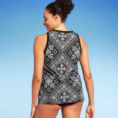 New - Lands' End Women's UPF 50 Bandana Print High Neck Tankini Top - Black M