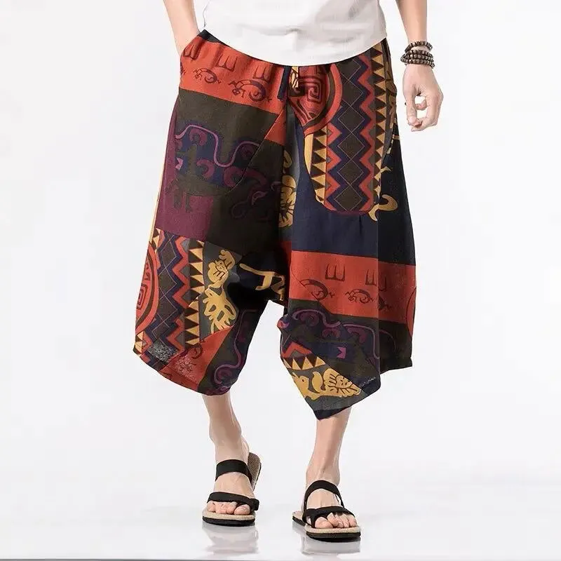 New Thailand Nepal Style Pants Ankle-length Harem Men Streetwear Ethnic Cross Pants Pants Cotton Linen Sweatpants Print Trousers