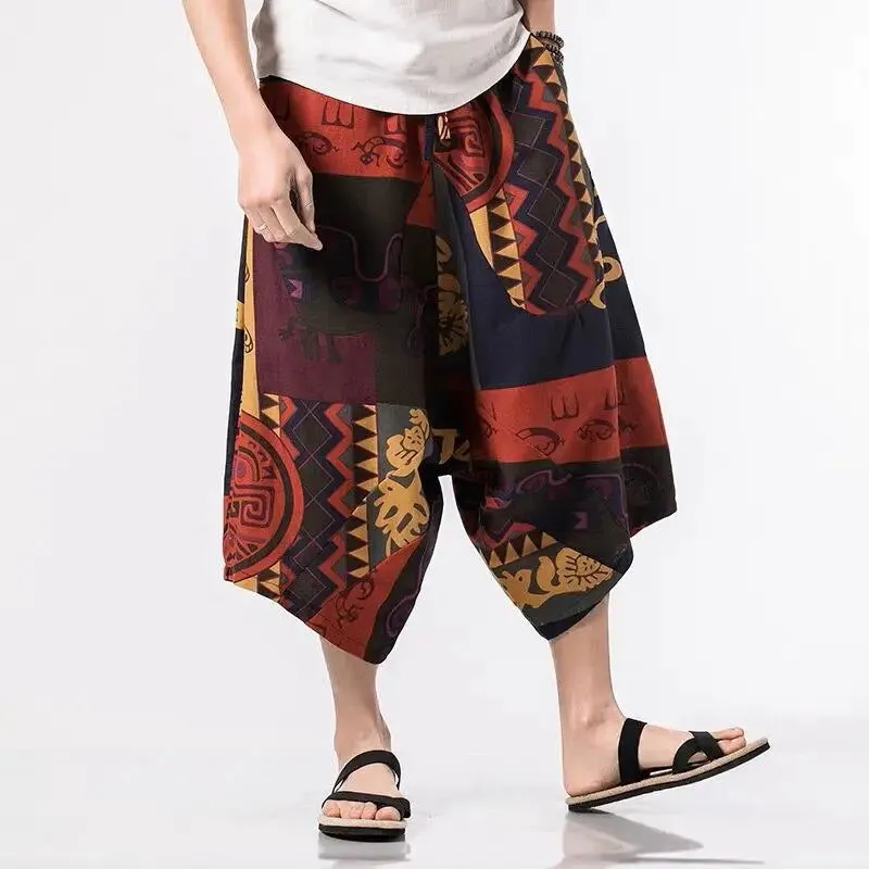 New Thailand Nepal Style Pants Ankle-length Harem Men Streetwear Ethnic Cross Pants Pants Cotton Linen Sweatpants Print Trousers