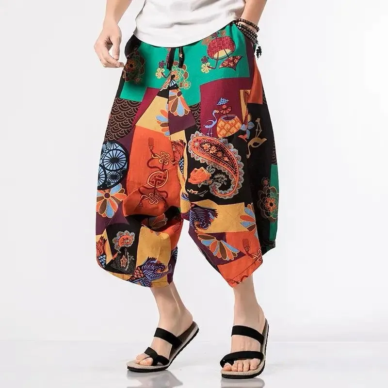 New Thailand Nepal Style Pants Ankle-length Harem Men Streetwear Ethnic Cross Pants Pants Cotton Linen Sweatpants Print Trousers