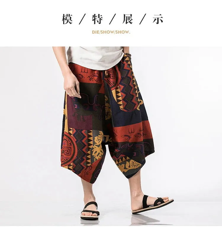 New Thailand Nepal Style Pants Ankle-length Harem Men Streetwear Ethnic Cross Pants Pants Cotton Linen Sweatpants Print Trousers