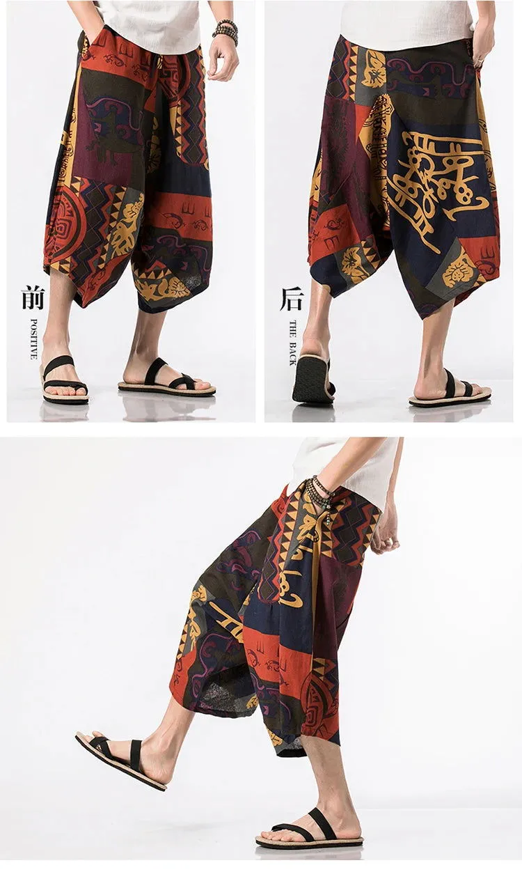 New Thailand Nepal Style Pants Ankle-length Harem Men Streetwear Ethnic Cross Pants Pants Cotton Linen Sweatpants Print Trousers