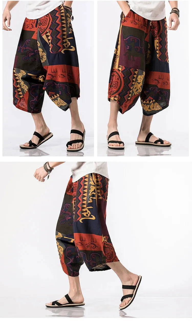 New Thailand Nepal Style Pants Ankle-length Harem Men Streetwear Ethnic Cross Pants Pants Cotton Linen Sweatpants Print Trousers