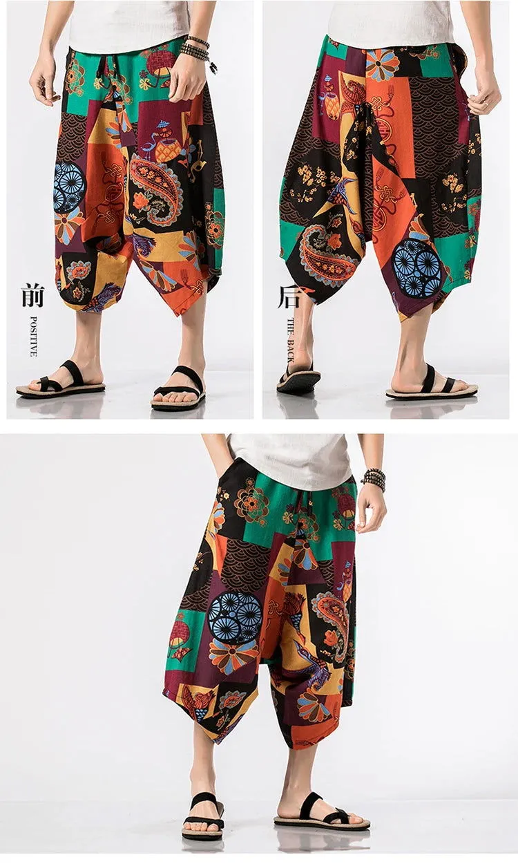 New Thailand Nepal Style Pants Ankle-length Harem Men Streetwear Ethnic Cross Pants Pants Cotton Linen Sweatpants Print Trousers