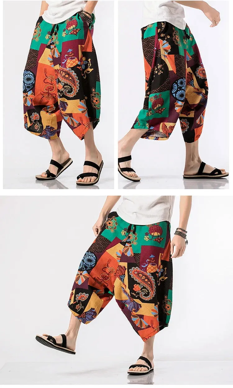 New Thailand Nepal Style Pants Ankle-length Harem Men Streetwear Ethnic Cross Pants Pants Cotton Linen Sweatpants Print Trousers