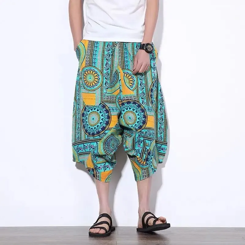 New Thailand Nepal Style Pants Ankle-length Harem Men Streetwear Ethnic Cross Pants Pants Cotton Linen Sweatpants Print Trousers