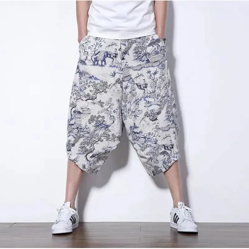 New Thailand Nepal Style Pants Ankle-length Harem Men Streetwear Ethnic Cross Pants Pants Cotton Linen Sweatpants Print Trousers