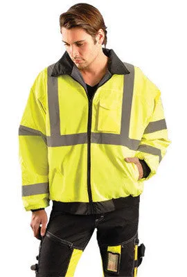 OccuNomix 2X Hi-Viz Yellow Value Economy Bomber Polyurethane Coated Polyester Class 3 Jacket With Front Zipper Closure, 2" Silver Reflective Tape, Sealed Seams, Black Collar,