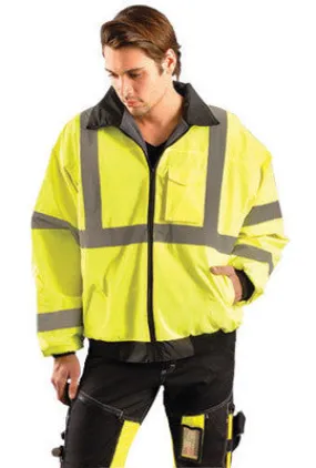 OccuNomix 3X Hi-Viz Yellow Value Economy Bomber Polyurethane Coated Polyester Class 3 Jacket With Front Zipper Closure, 2" Silver Reflective Tape, Sealed Seams, Black Collar,