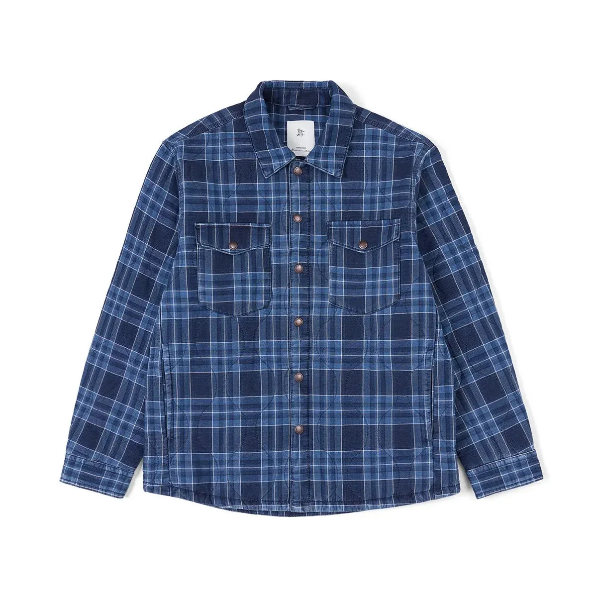 Oversize Washed Indigo Blue Plaid Coats with Turn-down Collar