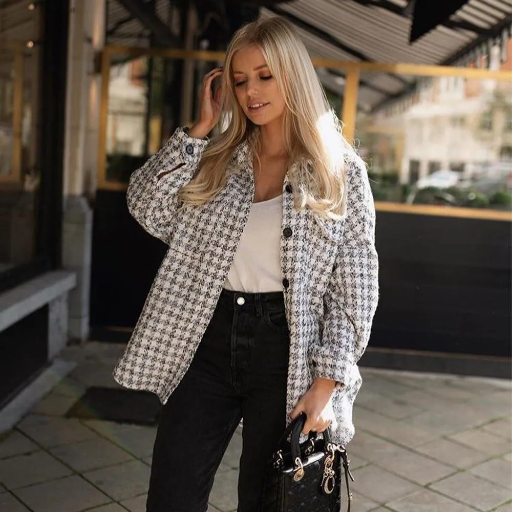 Oversized Thicken Warm Casual Checked Tweed Textured Coat