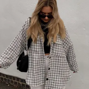 Oversized Thicken Warm Casual Checked Tweed Textured Coat