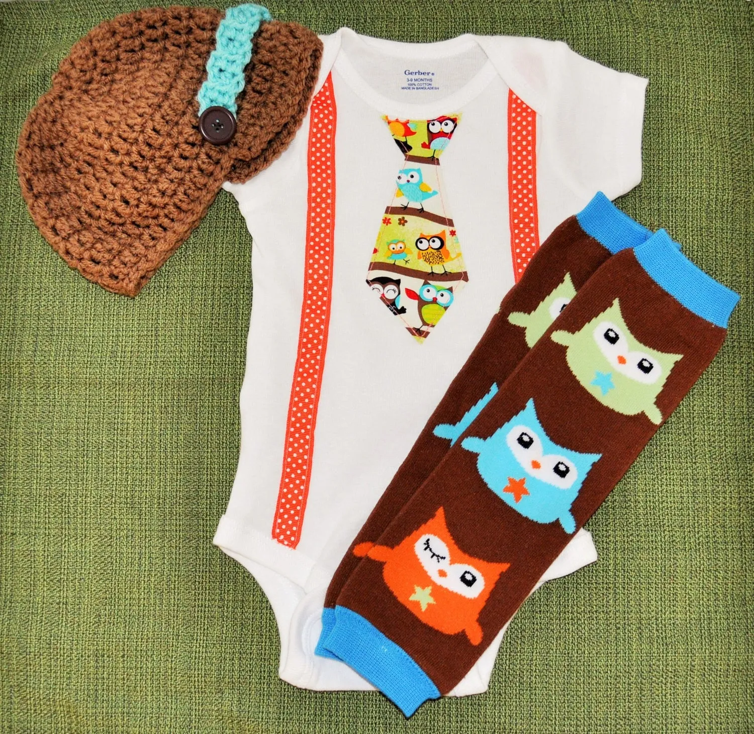 Owl Birthday outfit, owl leg warmers, owl tie bodysuit, matching crochet newspaper boy hat, owl cake smash