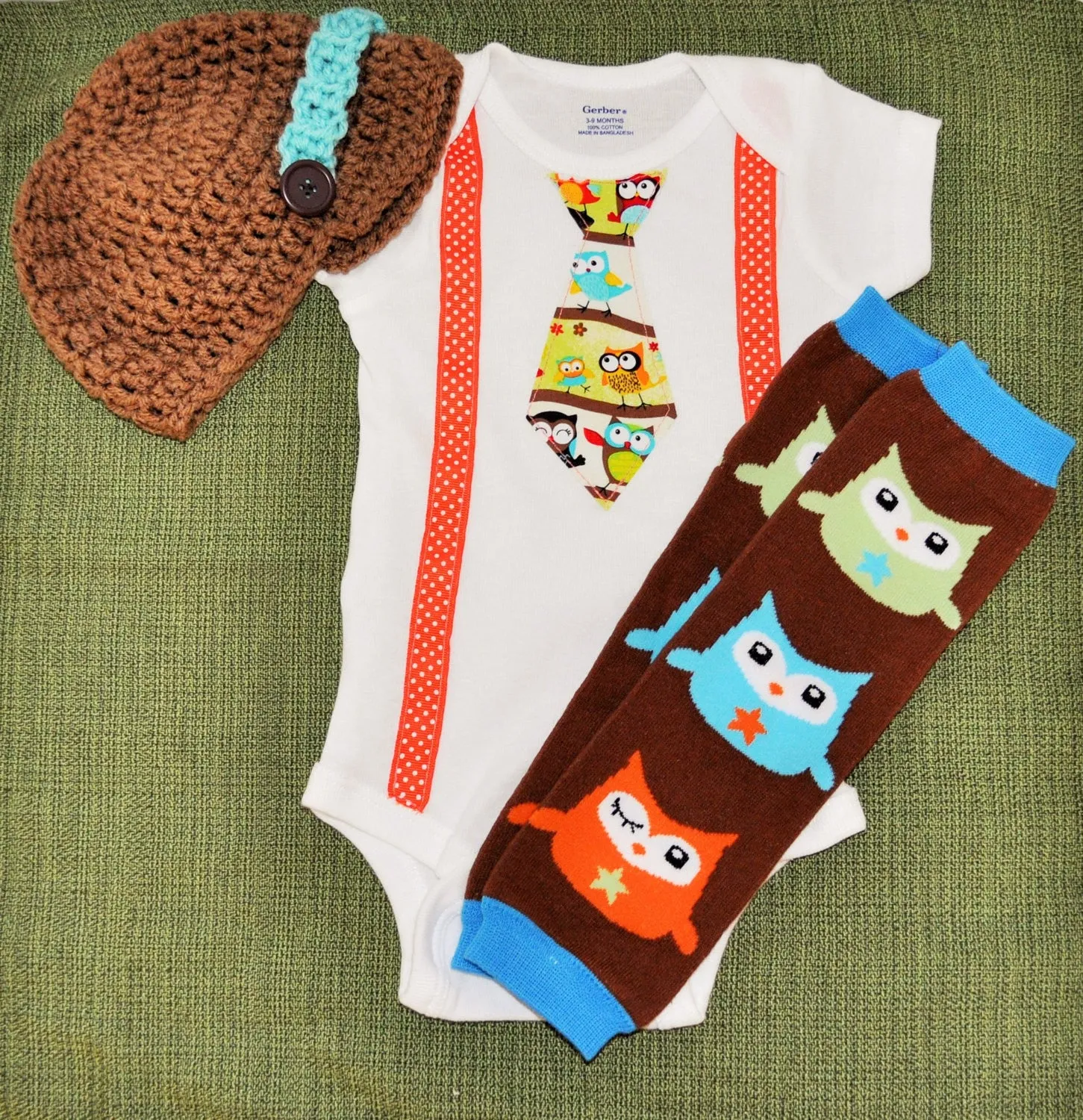 Owl Birthday outfit, owl leg warmers, owl tie bodysuit, matching crochet newspaper boy hat, owl cake smash