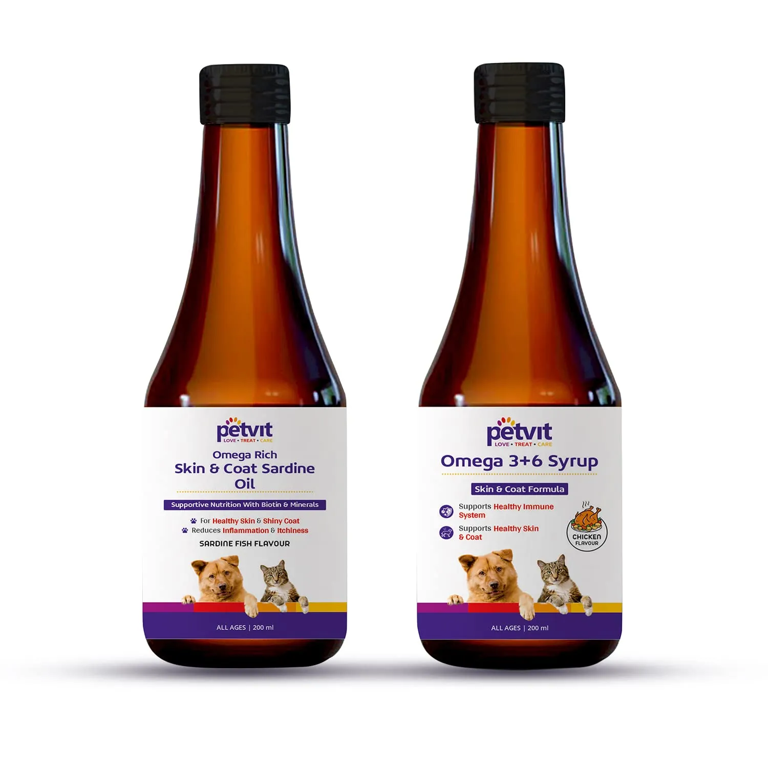 Petvit Omega Rich Skin & Coat Sardine Oil | Sardine Fish Flavour – 200ml & Omega 3   6 Syrup with Omega 3, 6, Vitamin A, Biotin | Chicken Flavour | for All Ages Breed Dogs & Cats– 200 ml (Combo)