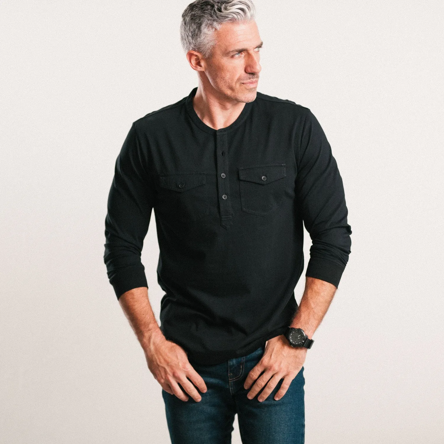 Pioneer Henley Shirt –  Jet Black Cotton Jersey