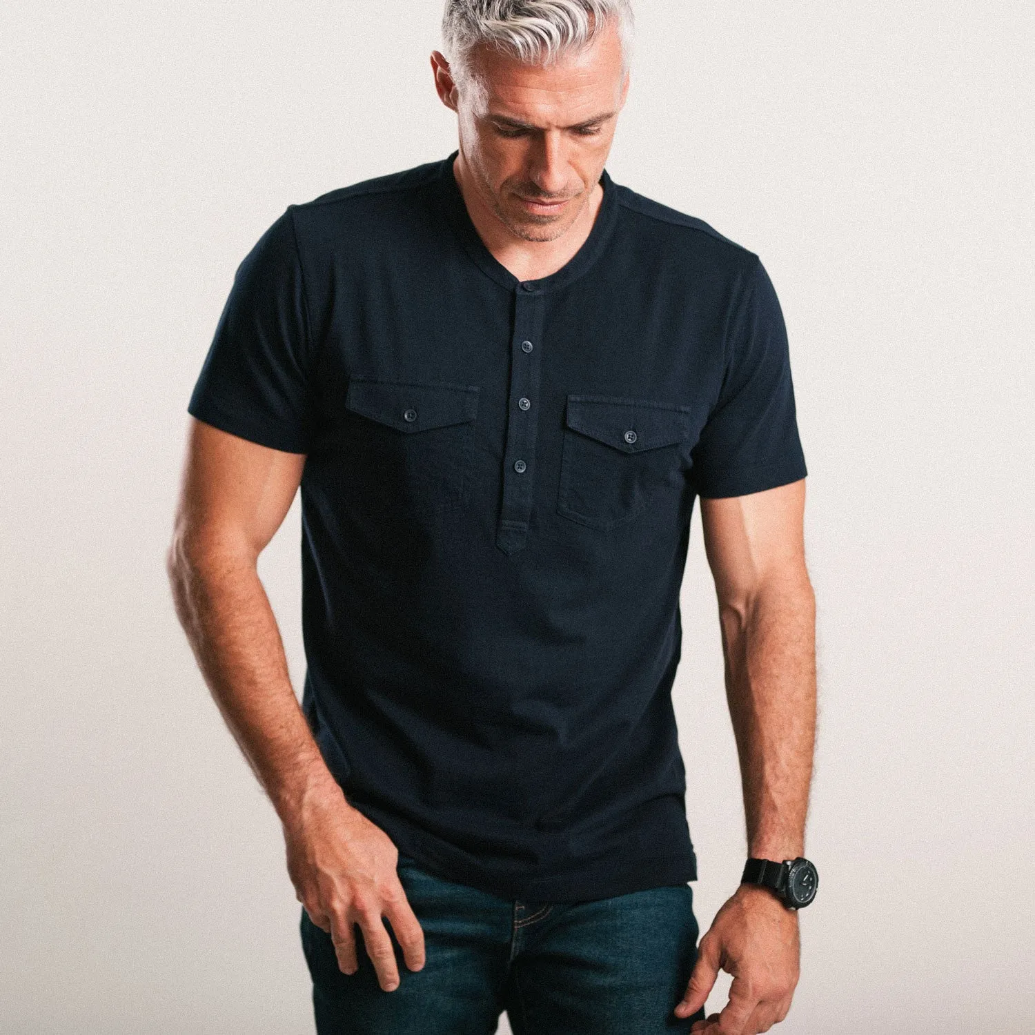 Pioneer Short Sleeve Henley Shirt –  Navy Cotton Jersey