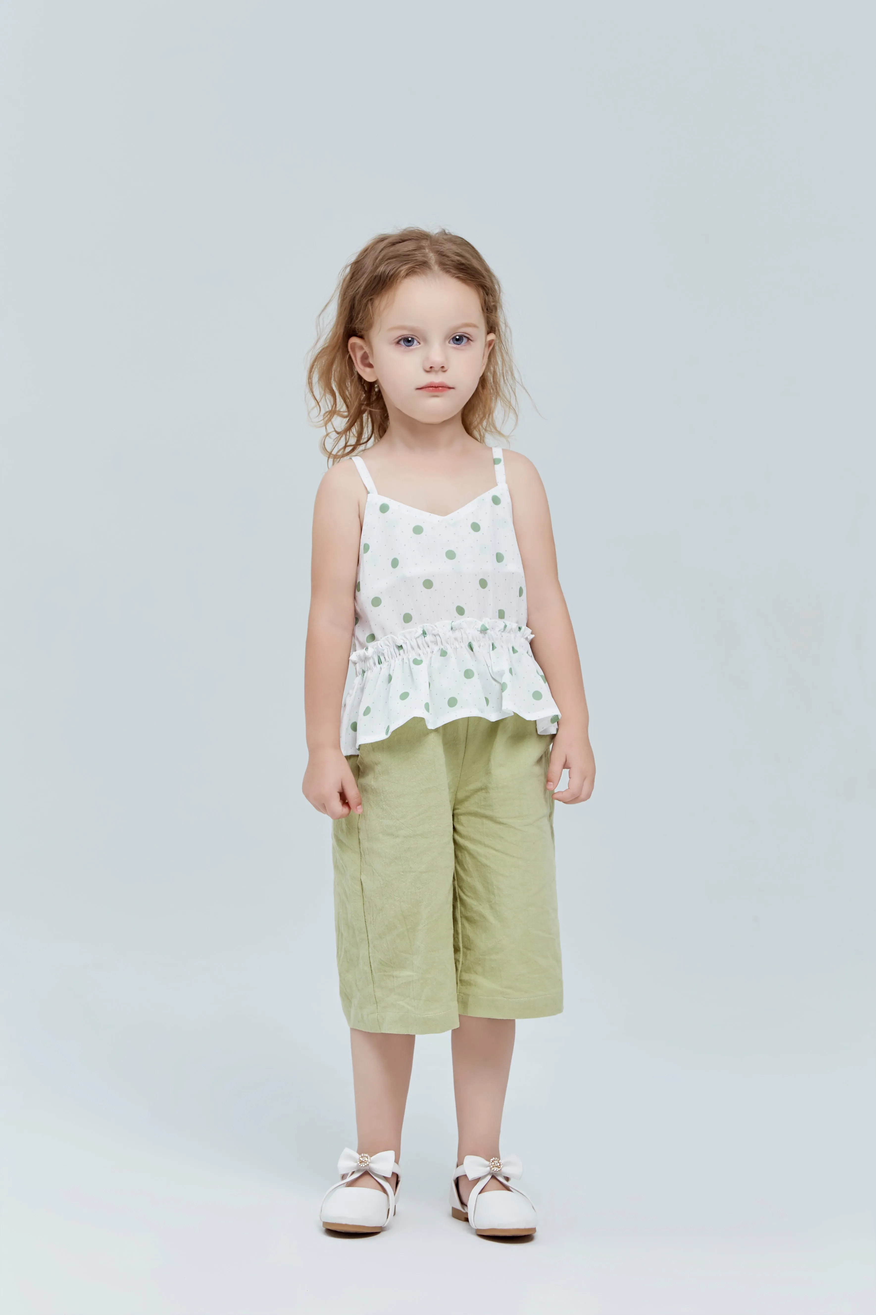 Polka Dots Vest   Culottes Set - Green