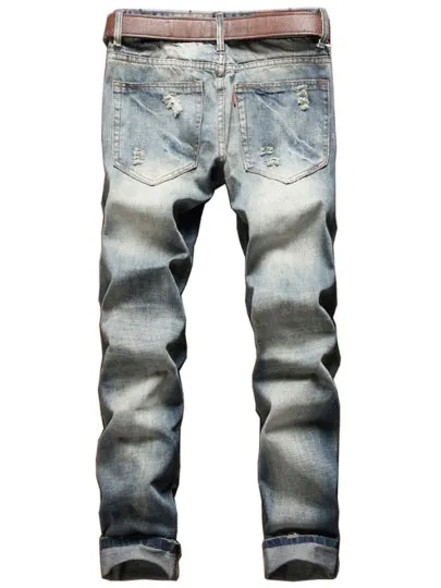 Printed Men's Vogue Jeans Zipper Hole Worn Straight Badge