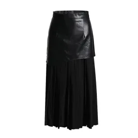 PU Leather Skirts For Women High Waistpatchwork Folds Hit Color Mid Temperament Skirt Female Fashion Clothing Summer