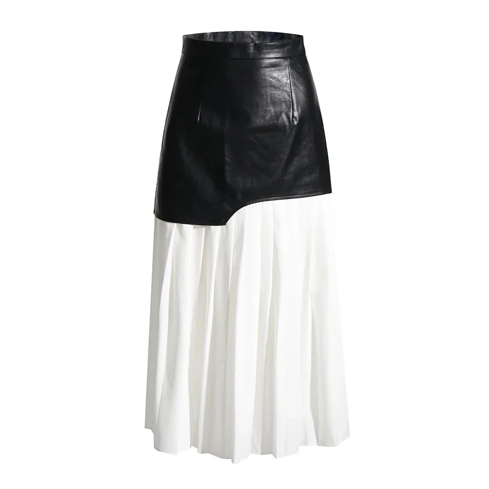 PU Leather Skirts For Women High Waistpatchwork Folds Hit Color Mid Temperament Skirt Female Fashion Clothing Summer