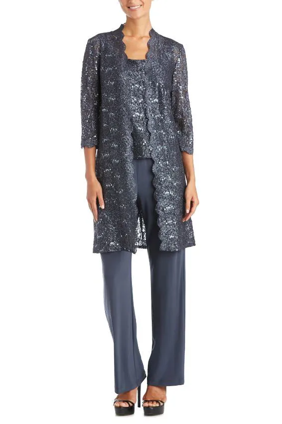 R&M Richards Metallic Lace Tank Top and Pant Set with Sheer Lace Jacket