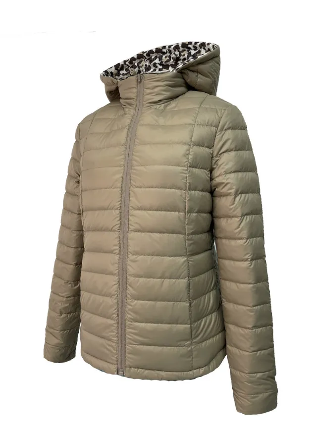 Reversible Stone/ Safari Leopard Duck Down Jacket