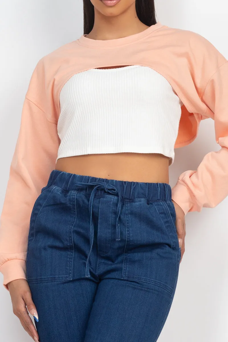 Ribbed Sleeveless Top With Shrug Light Peach Sweater