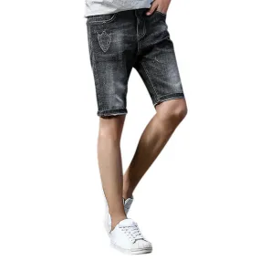 Shorts Stone Washed Printed Knee Length Hole Jeans Gray Casual Cotton