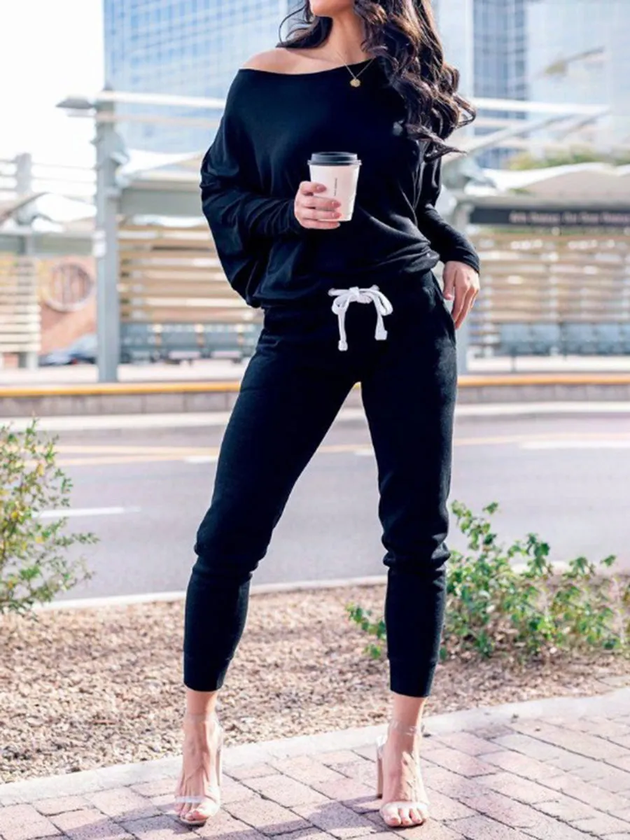 Simple V-Neck Loose Top and Drawstring Sweatpants Set