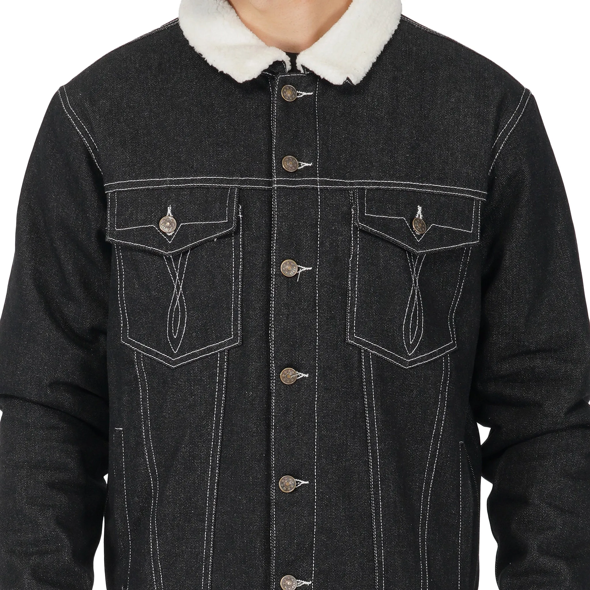 SLAY. Men's Full Sleeves Black Solid Embroidered Button-Down Black Denim Jacket with Faux-fur Lining