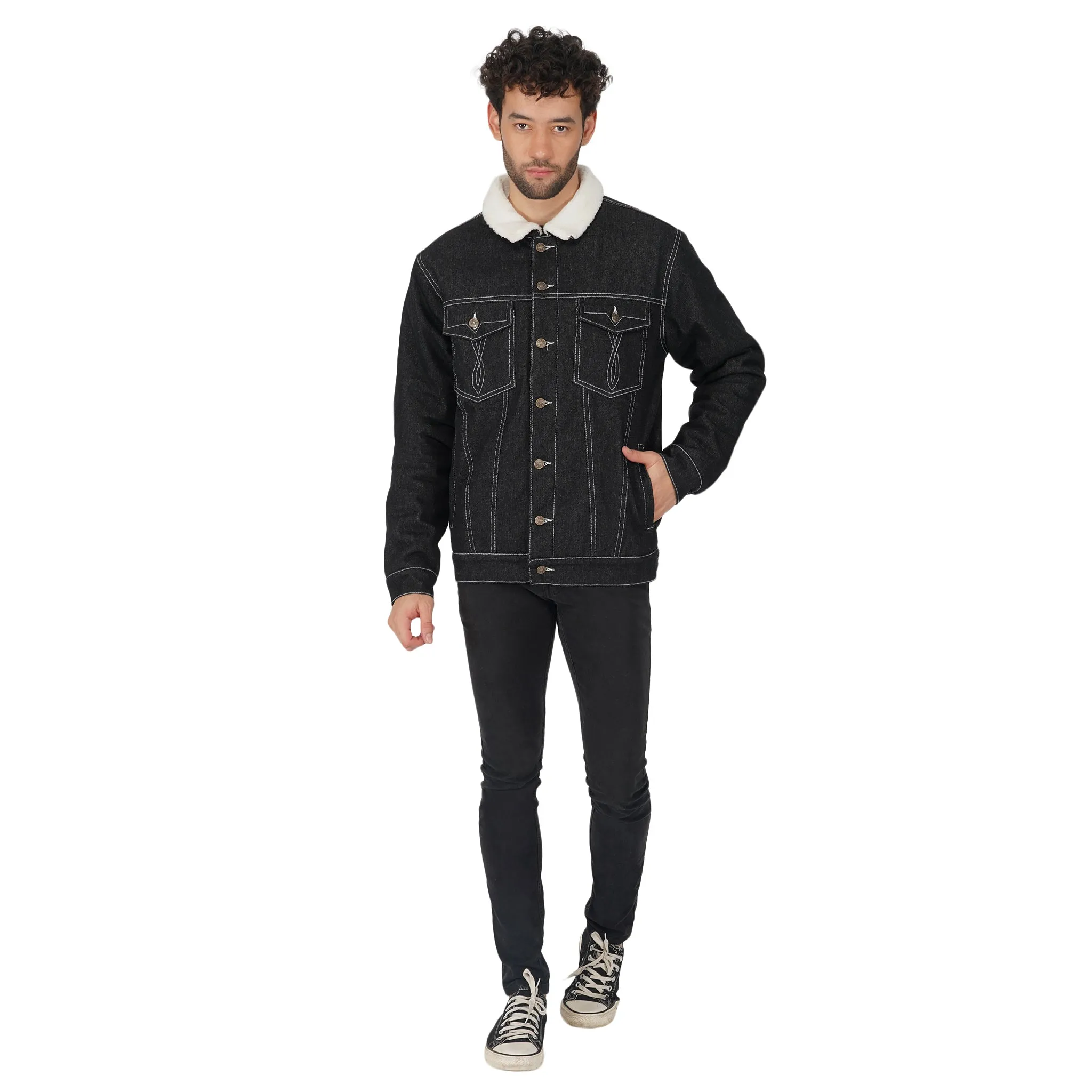 SLAY. Men's Full Sleeves Black Solid Embroidered Button-Down Black Denim Jacket with Faux-fur Lining