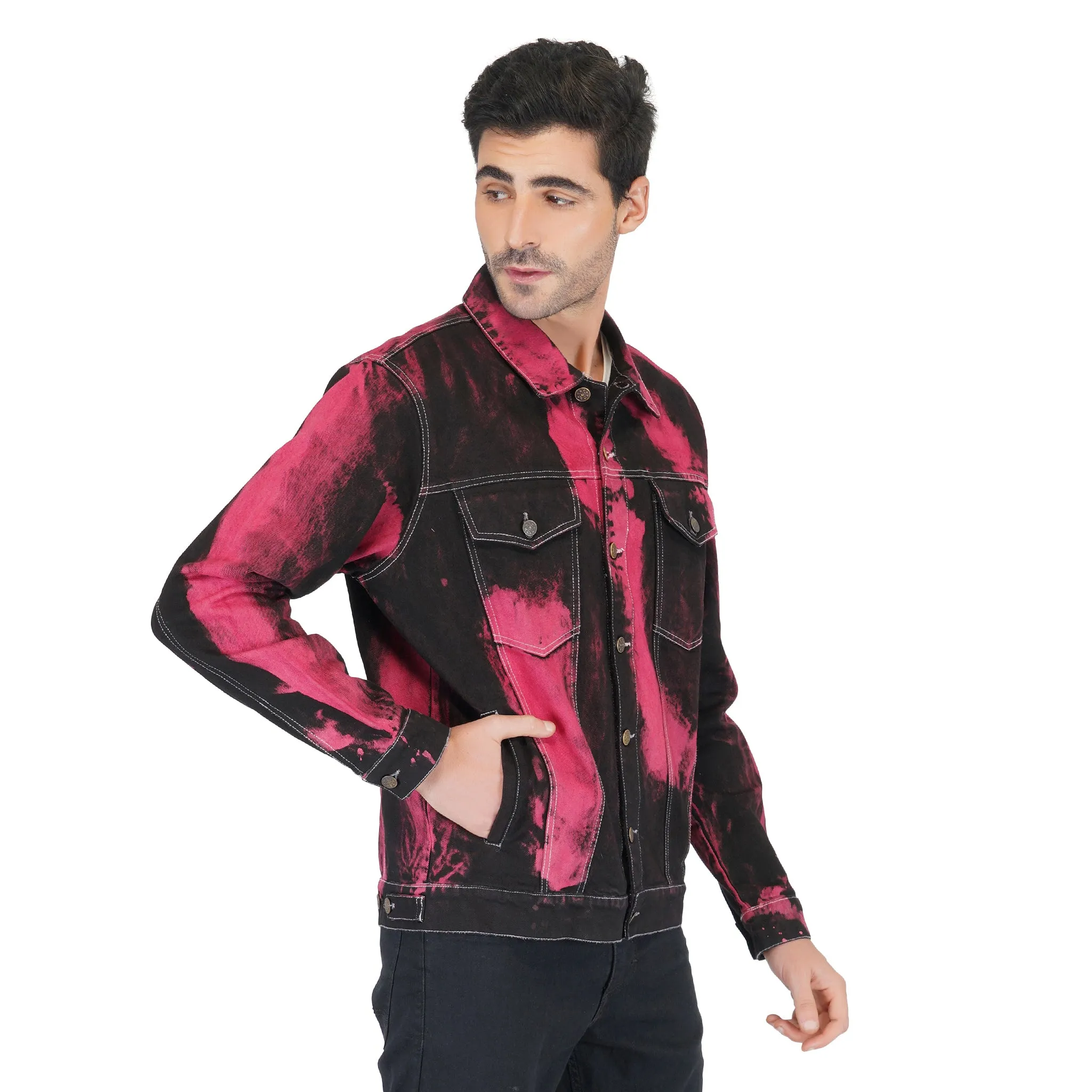 SLAY. Men's "Deadpool Theme" Red & Black Tie Dye Button-Down Ripped Denim Jacket