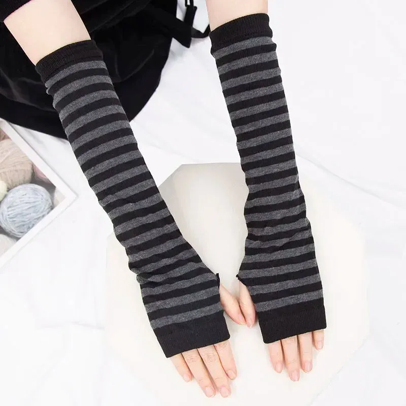 Sohiwoo Black White Gothic Punk Anime Thin Soft Gloves JK Girls Mittens Oversleeve Man Women Cuff Fingerless Arm Warmers Accessories