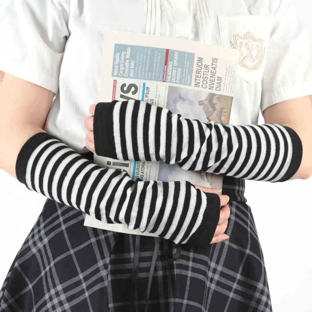 Sohiwoo Black White Gothic Punk Anime Thin Soft Gloves JK Girls Mittens Oversleeve Man Women Cuff Fingerless Arm Warmers Accessories