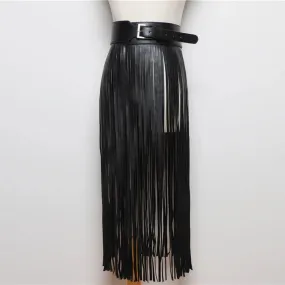 Solid Patchwork Belt Leather Skirts For Women High Waist Spliced Tassel Temperament Long Skirt Female Fashion Style